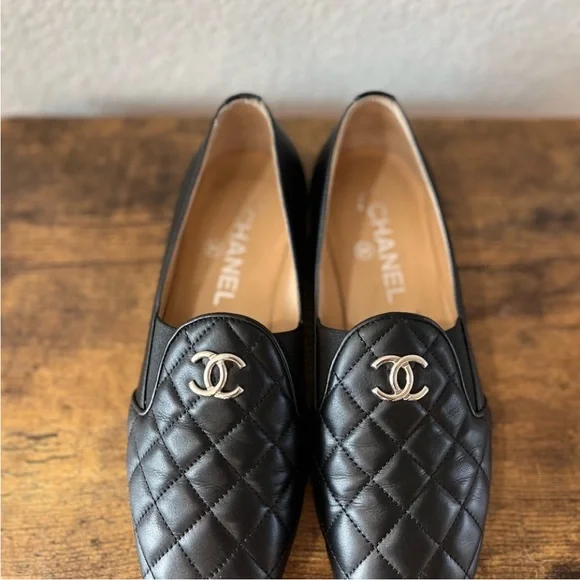 Authentic Chanel Black Quilted Loafers with Silver Logo 36.5 - Picture 2 of 16